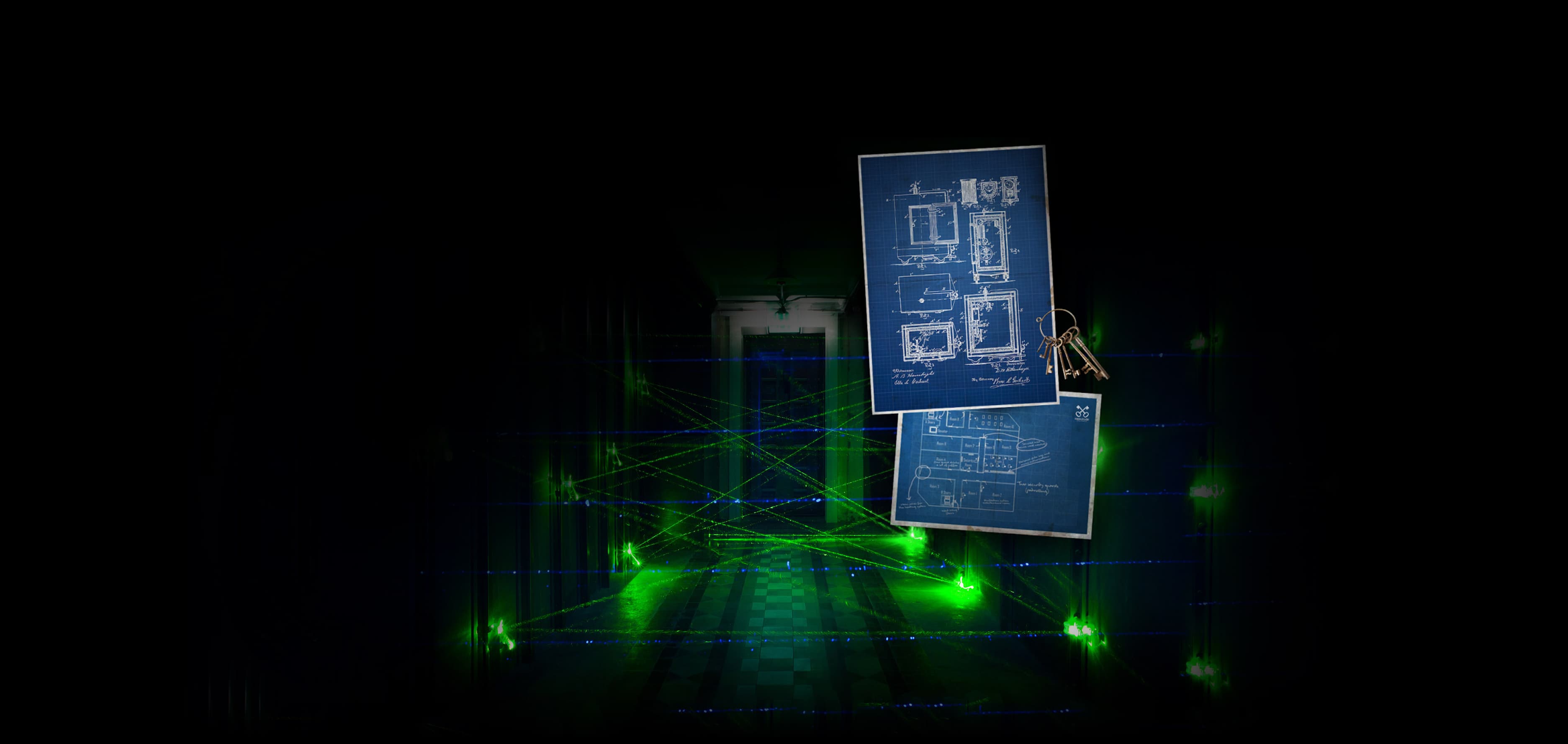 Laser field blocking a door, overlayed blueprints